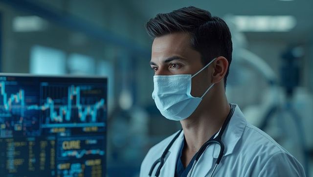 Masked doctor monitoring patient vitals on high-tech screen in modern hospital