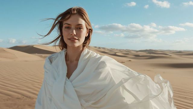 Woman in desert with flowing white fabric and windswept dunes