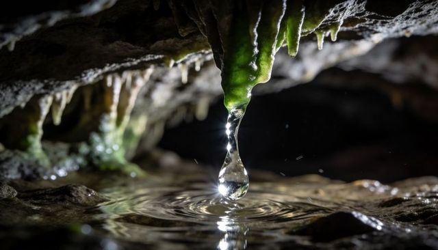 Water droplet dripping from green mineral-coated stalactite over rippling cave pool