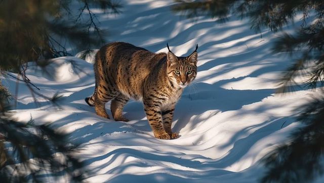 Sunlit bobcat walking across rippled snow in pine forest, winter wildlife close-up
