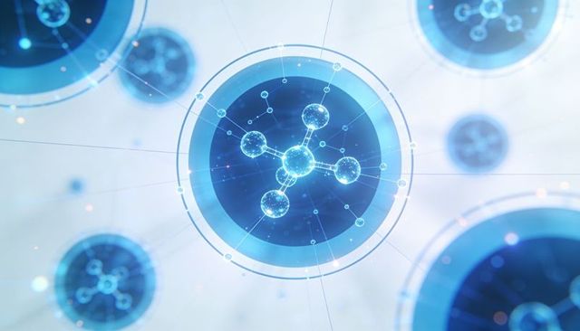 Glowing molecular network visualizing connected atoms and futuristic data nodes