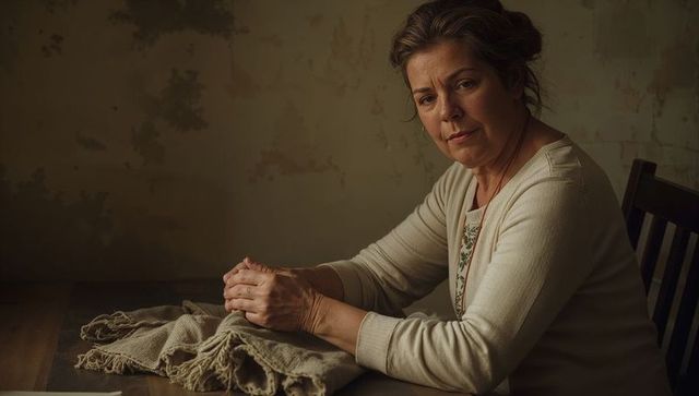Sitting mature woman clasping hands on shawl, contemplating in worn interior