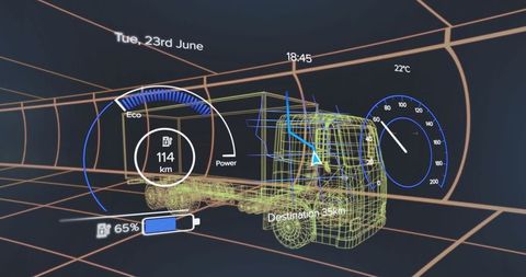3d futuristic wireframe truck with digital interface elements