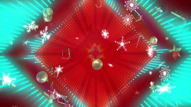 This vibrant, festive animation depicts snowflakes, baubles, and candies falling over a neon kaleidoscopic background. Perfect visual for holiday-themed adverts, greeting cards, social media posts, and digital displays.