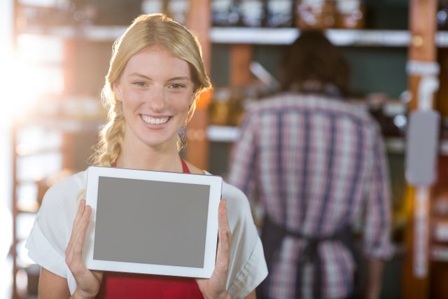 Portrait of smiling female staff showing digital tablet in supermarket