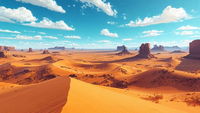 Stretching dune ridge revealing ripple textures across sunlit arid desert with sandstone buttes