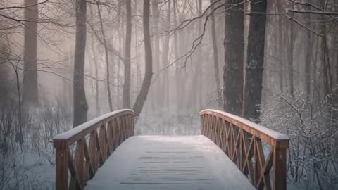Gliding camera approaching snow-covered wooden bridge through misty winter forest