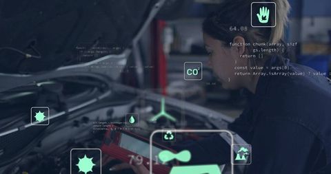 Innovative mechanic performing diagnostic tests on vehicle engine