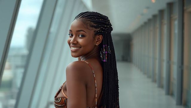 Smiling Woman with Braided Hair in Modern Glass Corridor