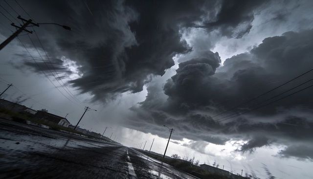 Ominous storm rolling over rural two-lane road with thunderclouds and wet pavement