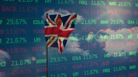 UK Flag with Stock Market Data in Blue Sky