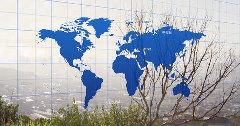Global financial data processing in cityscape background