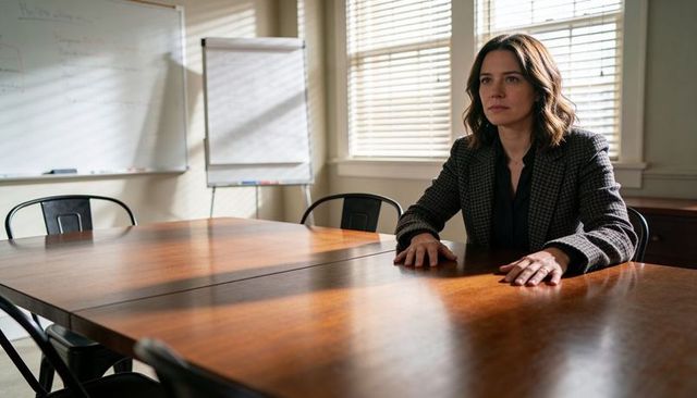 Businesswoman contemplating at wooden conference table in sunlit boardroom with whiteboard