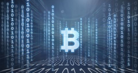 Digital bitcoin symbol amid binary code matrix
