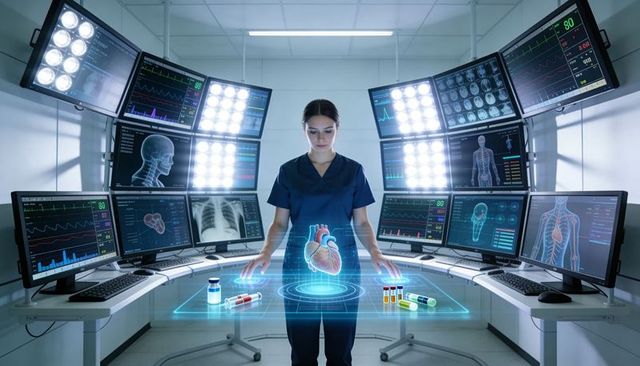 Clinician using 3d heart hologram in high-tech diagnostic control with multiple monitors
