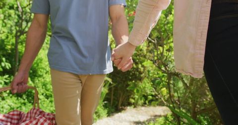 Couple Holding Hands Walking in Garden with Picnic Basket - Download Free Stock Images Pikwizard.com