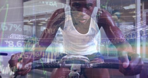 Pedaling athlete tracking performance with global data overlay and fitness analytics