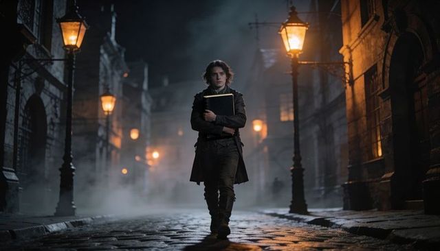 Victorian night wanderer carrying ledger on foggy cobblestone street beneath gas lamps
