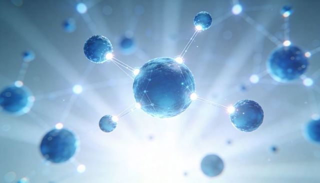 Glowing Blue Molecular Network with Central Nanoparticle and Connected Satellite Nodes