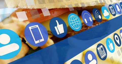 Overlaying mobile social icons on blurred sandwich background for food delivery branding