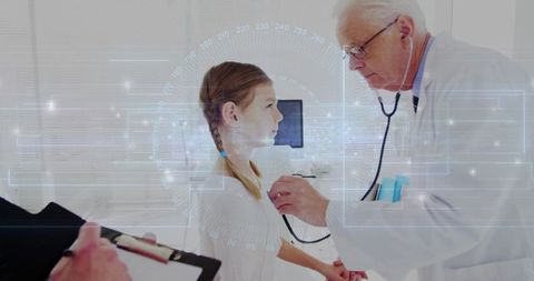 Senior Doctor Examines Child with Stethoscope in Modern Clinic