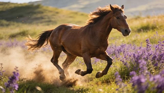 Chestnut horse galloping through purple wildflower meadow at golden hour, dust flying