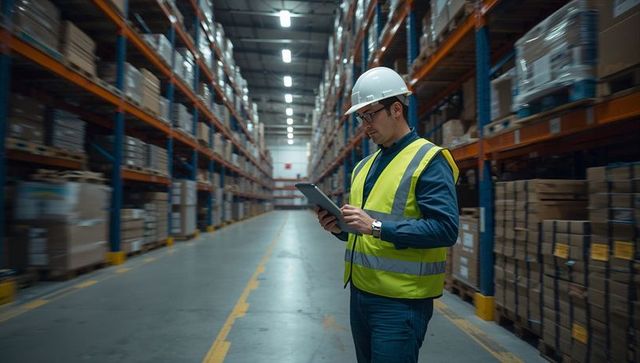 Warehouse supervisor inspecting inventory with tablet wearing hard hat and hi-vis vest