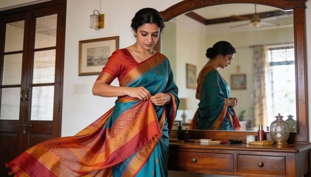 Adjusting teal and red silk saree drape by indian woman at vintage dressing table mirror