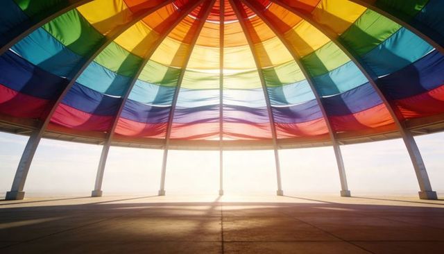 Rainbow fabric dome pavilion casting arched rib shadows over coastal concrete plaza