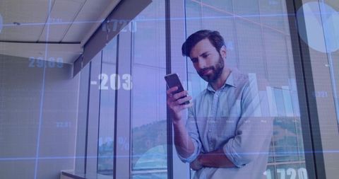 Businessman Reviewing Financial Data on Smartphone with Virtual Overlay