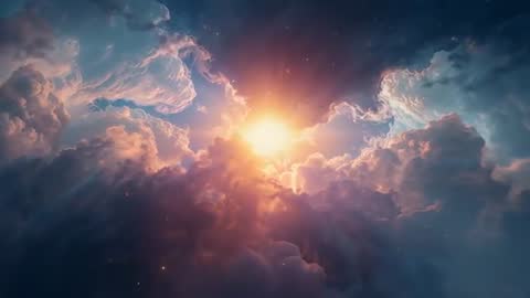 Sunburst Breaking Through Cumulus Clouds at Dawn, Golden Rays Piercing Ethereal Sky