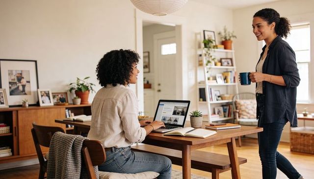Remote work collaboration at home table laptop coffee teamwork in cozy living room plants