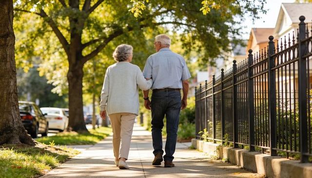Senior Couple Walking Arm-in-Arm on Tree-Lined Suburban Sidewalk at Golden Hour