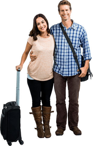 Happy Couple Standing with Luggage on Transparent Background