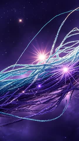 Vertical sci-fi filaments drifting through purple nebula with pulsing starburst flares