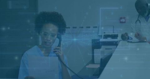 Nurse on Phone with Digital Technology Overlay in Clinic