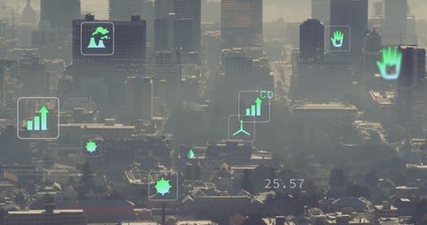 Eco Icons and Financial Indicators Over Cityscape Background - Download Free Stock Images Pikwizard.com