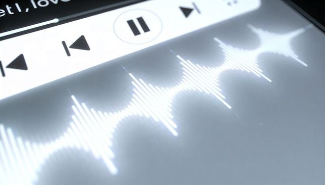 Glowing audio waveform displaying on touchscreen with media controls and progress bar