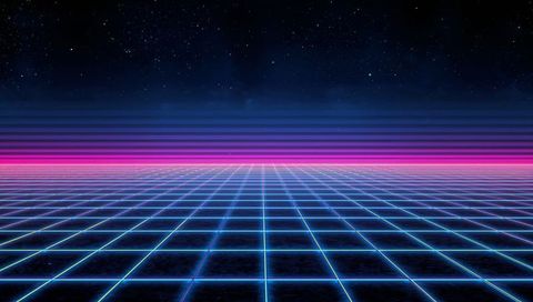 Retro neon grid horizon glowing cyan magenta synthwave landscape with starry cosmic sky
