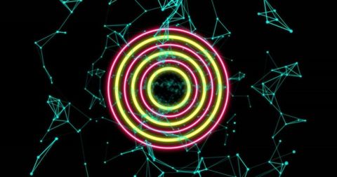 Neon concentric rings in futuristic digital network