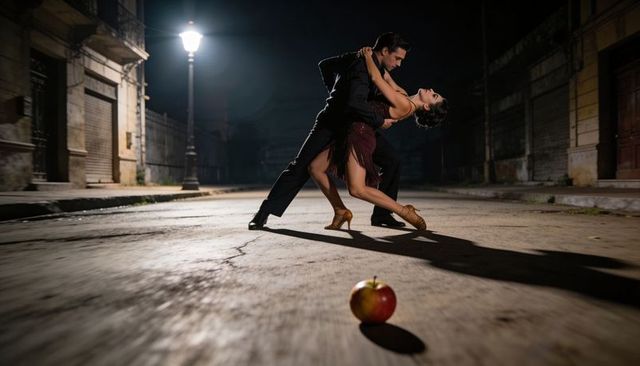 Midnight tango under streetlamp featuring dramatic dip, backlit couple and foreground apple