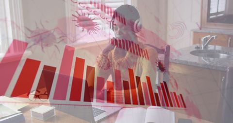 Young Professional Analyzing Data with Graph and Coronavirus Overlay