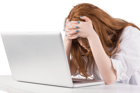 Frustrated Redhead Working on Laptop with Transparent Background