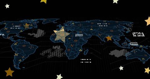 Futuristic holographic world map displaying hex clusters, targets, warning icons
