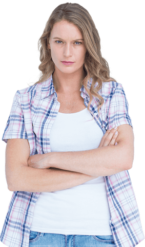Transparent Serious Female with Crossed Arms in Plaid Shirt
