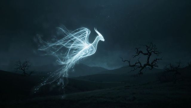 Glowing spectral bird soaring over moonlit hills with trailing sparks and twisted trees