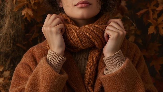 Grasping chunky knit scarf and fuzzy wool coat close-up conveying cozy fall fashion mood