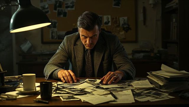 Noir Detective Investigating Cold Case Under Desk Lamp with Scattered Evidence, Moody Office