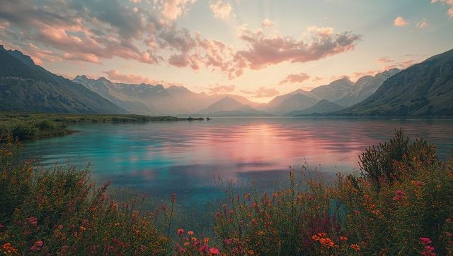 Tranquil Lake Reflection with Mountainous Horizon at Sunset