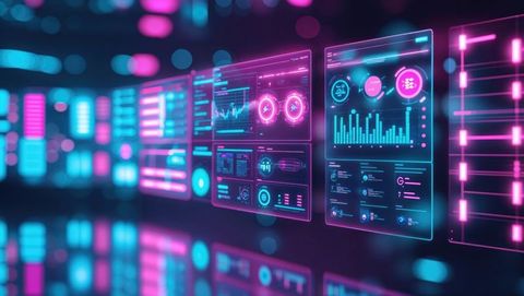 this image portrays high-tech, neon-framed dashboard panels displaying various digital interfaces and analytics. it showcases vibrant bar graphs, gauge meters, and data that suggest a highly advanced virtual command center. the dynamic interplay of light and dark reflects the forward-thinking and cutting-edge technological innovations, ideal for illustrating themes of data management, virtual environments, digital advancements, and ai-driven processes. perfect for articles and presentations on futuristic technology, data analytics, or software development industry marketing materials.